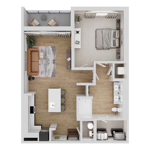 A top-down view of a modern apartment layout with a kitchen, living room, and bedroom.